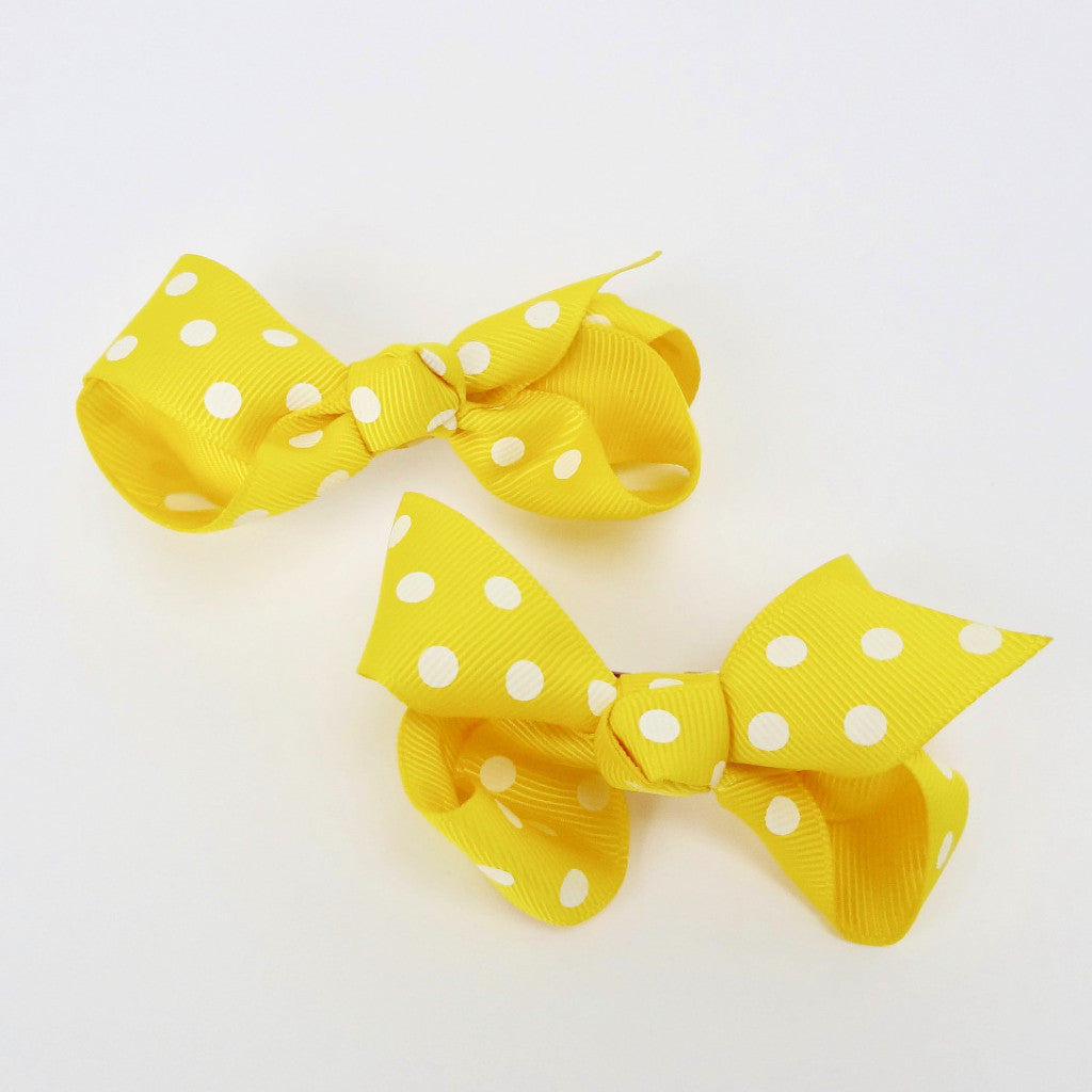 Girls Set of 2 Cross Grain Ribbon Hair Bow Clips 3.1” Long- Yellow with Dots