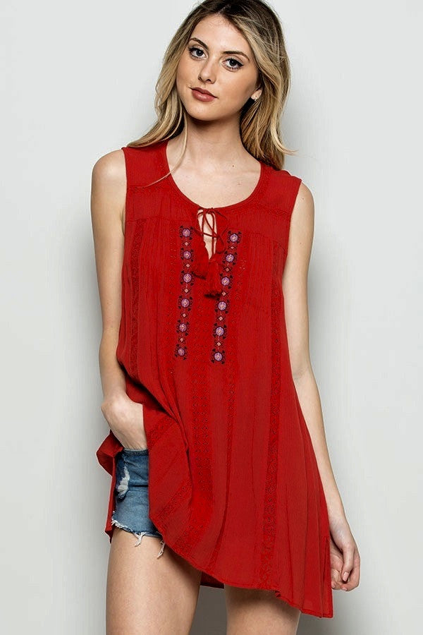 Rusty Red Embroidered Tassel Tunic Top with Crochet Lace Detail