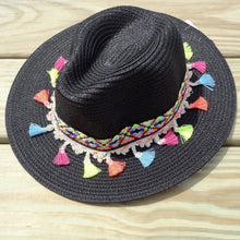 Black Multicolor Tassel Knitted Straw Beach Sun Hat