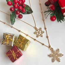 Double Snowflake Rhinestone Pendant and Chain Necklace Jewelry Gift in Gold