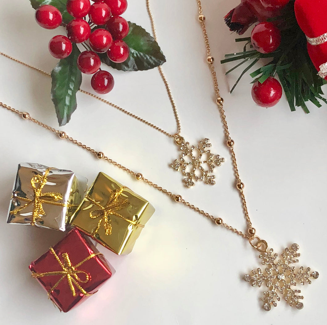 Double Snowflake Rhinestone Pendant and Chain Necklace Jewelry Gift in Gold