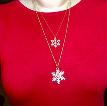 Double Snowflake Rhinestone Pendant and Chain Necklace Jewelry Gift in Gold