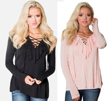 Black or Pink Crisscross V-Neck Ruffle Detail Long Sleeve Top