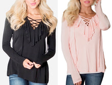 Black or Pink Crisscross V-Neck Ruffle Detail Long Sleeve Top