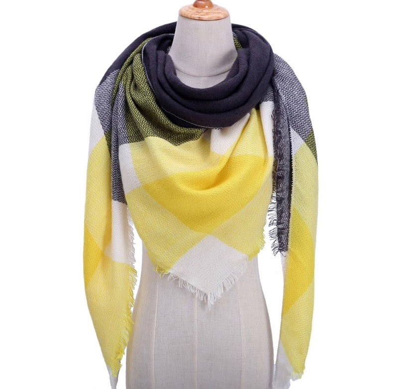 Fall Winter Plaid Acrylic Triangle Scarf - Yellow/Black/White