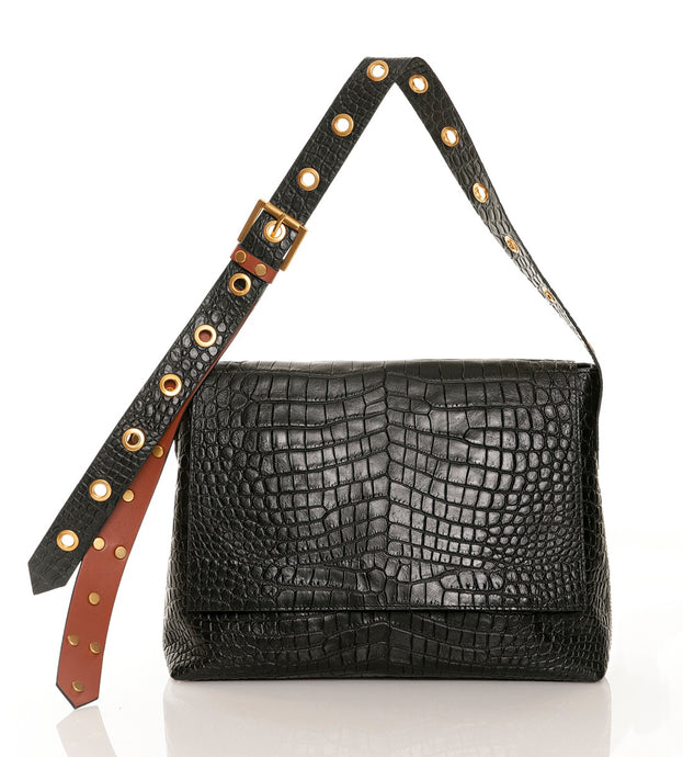 CARBOTTI Carena 113 Italian Croc Printed Leather Shoulder Handbag- Black
