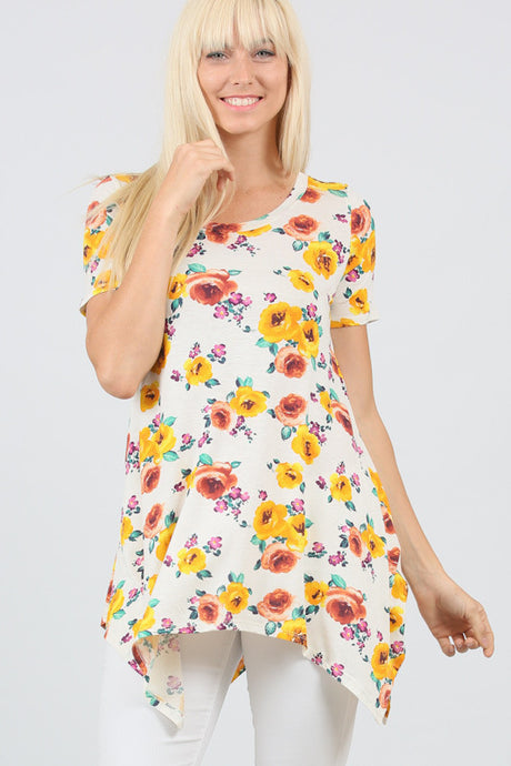 Oatmeal Yellow Floral Linen Blend Shark Hem Swing Top