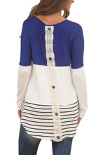 Blue Color Block Lace Patch Long Sleeve Tunic Top