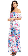 White Off Shoulder Blue Rosy Floral Ruffle Maxi Dress