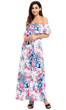 White Off Shoulder Blue Rosy Floral Ruffle Maxi Dress