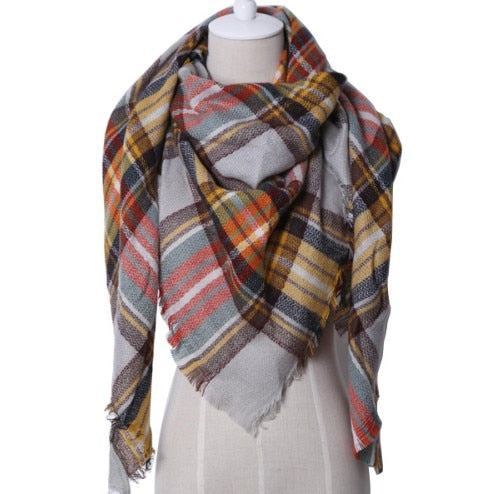 Fall Winter Plaid Acrylic Triangle Scarf - Multicolor with Brown and Yellow