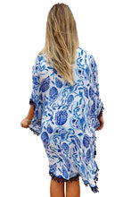Blue Paisley Print Tassel Beach Cover-up Kimono