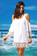 White Crochet Lace Crinkle Cold Shoulder Beach Cover Up