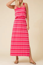 Pink Striped Print Stretch Waistband Slit Maxi Dress