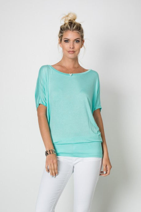 Mint Boat Neck Fitted Waist Dolman Sleeve Top