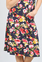 Short Sleeve Floral Knit Pocket Dress- Navy