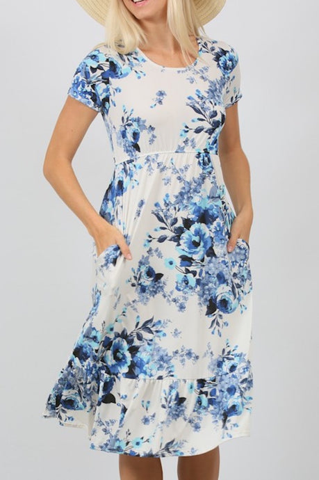 Ivory Blue Floral Elastic Waist Short Sleeve Knit Pocket Dress