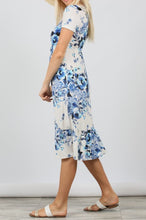 Ivory Blue Floral Elastic Waist Short Sleeve Knit Pocket Dress