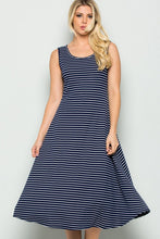 A-Line Casual Stretchy Knit Summer Tank Dress- Striped Navy