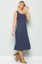 A-Line Casual Stretchy Knit Summer Tank Dress- Striped Navy