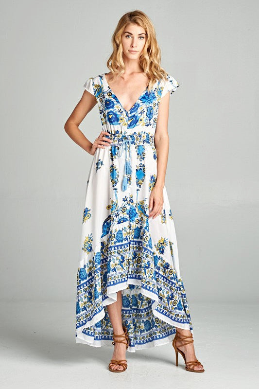 Cap Sleeve Blue and Yellow Floral Print Hi- Low Dress – Lady Laila Boutique