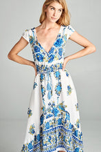 Cap Sleeve Blue and Yellow Floral Print Hi- Low Dress