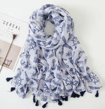 Woman Cotton Scarf White Blue Anchor & Rudder Print with Tassels