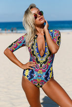 Multicolor Abstract Print Zip Front Half Sleeve One Piece Swimsuit