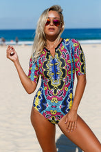 Multicolor Abstract Print Zip Front Half Sleeve One Piece Swimsuit