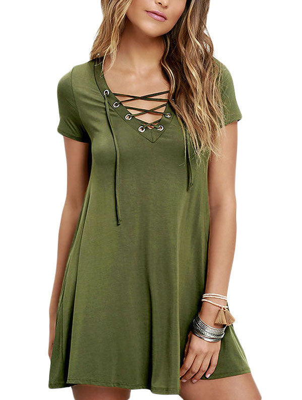 Army Green Casual Lace-up Swing Dress L Army Green Casual Lace-up Swing Dress L