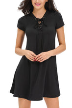 Black Casual Lace-up Short Sleeve Swing Dress