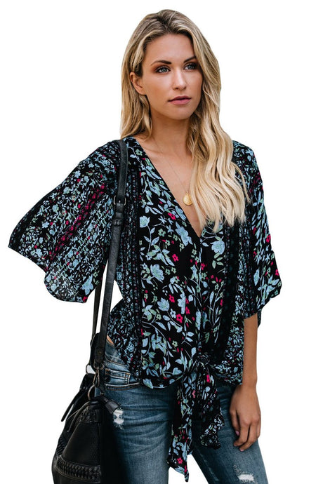 Black Floral Print Tie Front Kimono Sleeve Blouse