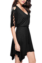 Black Lace Up Detail Half Sleeve Elastic Waist Knit Dress