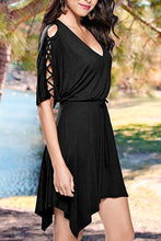Black Lace Up Detail Half Sleeve Elastic Waist Knit Dress