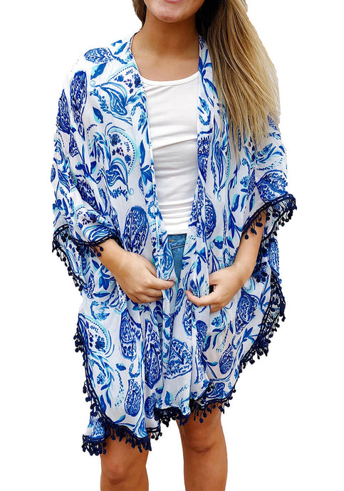 Blue Paisley Print Tassel Beach Cover-up Kimono