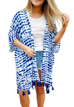 White and Blue Tie Dye Print Tassel Kimono Beach Cover-up