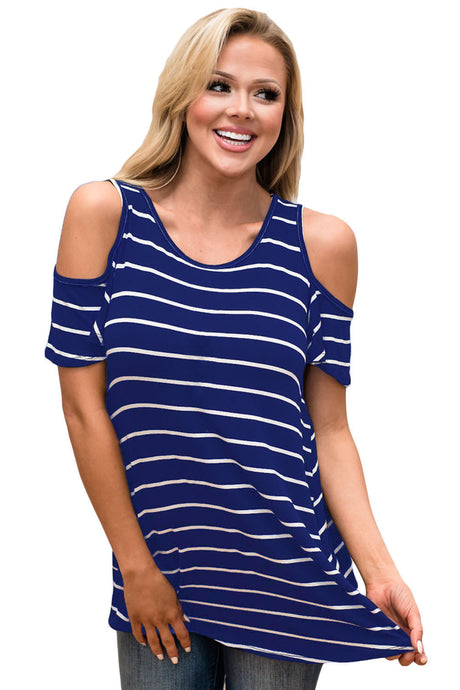 Blue White Stripe Cold Shoulder Top