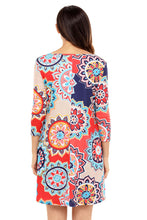 3/4 Sleeve Red Light Blue Multicolor Geometric Print Tunic Dress
