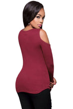 Burgundy Crisscross V-neck Cold Shoulder Long Sleeve Ribbed Top