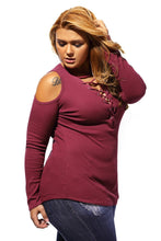 Burgundy Crisscross V-neck Cold Shoulder Long Sleeve Ribbed Top