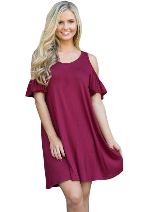 Burgundy Ruffle Sleeve Cold Shoulder Knit Dress