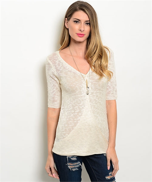 Cream V- Neck Short Sleeve Burnout Top