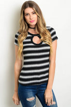 Striped Black and White Short Sleeve Key Hole Top