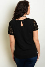 Black Short Sleeve Scoop Neck Lace Detail Top - Plus Size