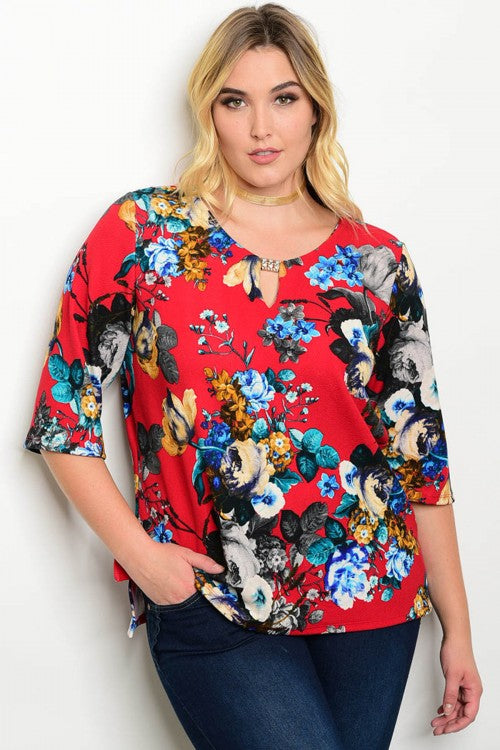 Red Floral Print Half Sleeve Top - Plus Size