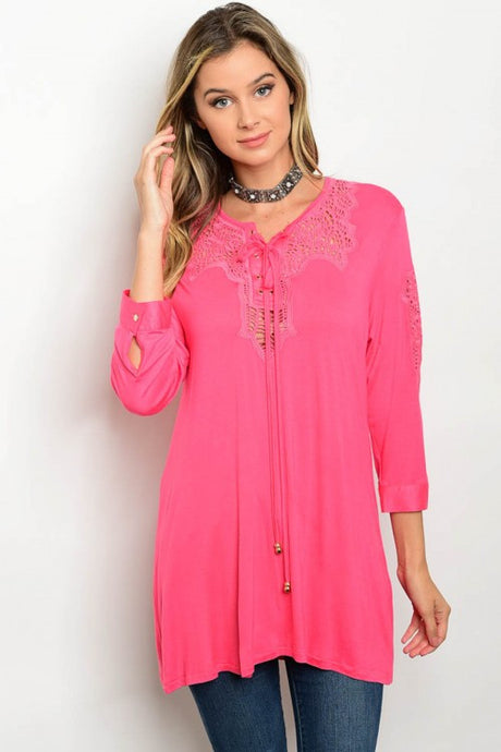 Coral 3/4 sleeve Crochet Lace Detail Jersey Tunic Top