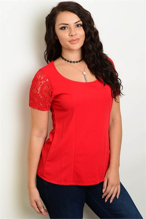 Red Short Sleeve Scoop Neck Lace Detail Top - Plus Size