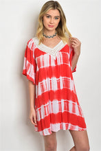 Coral White Tie Dye Lace Neckline Beach Dress