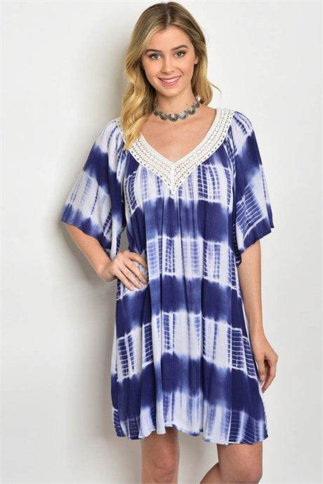 Navy & White Tie Dye Lace Neckline Beach Tunic Dress