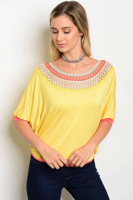 Yellow Coral Crochet Trim Neckline Top